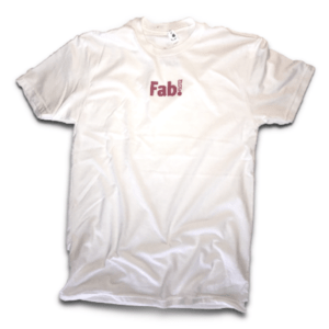 White T-shirt with pink logo that reads FabStayz